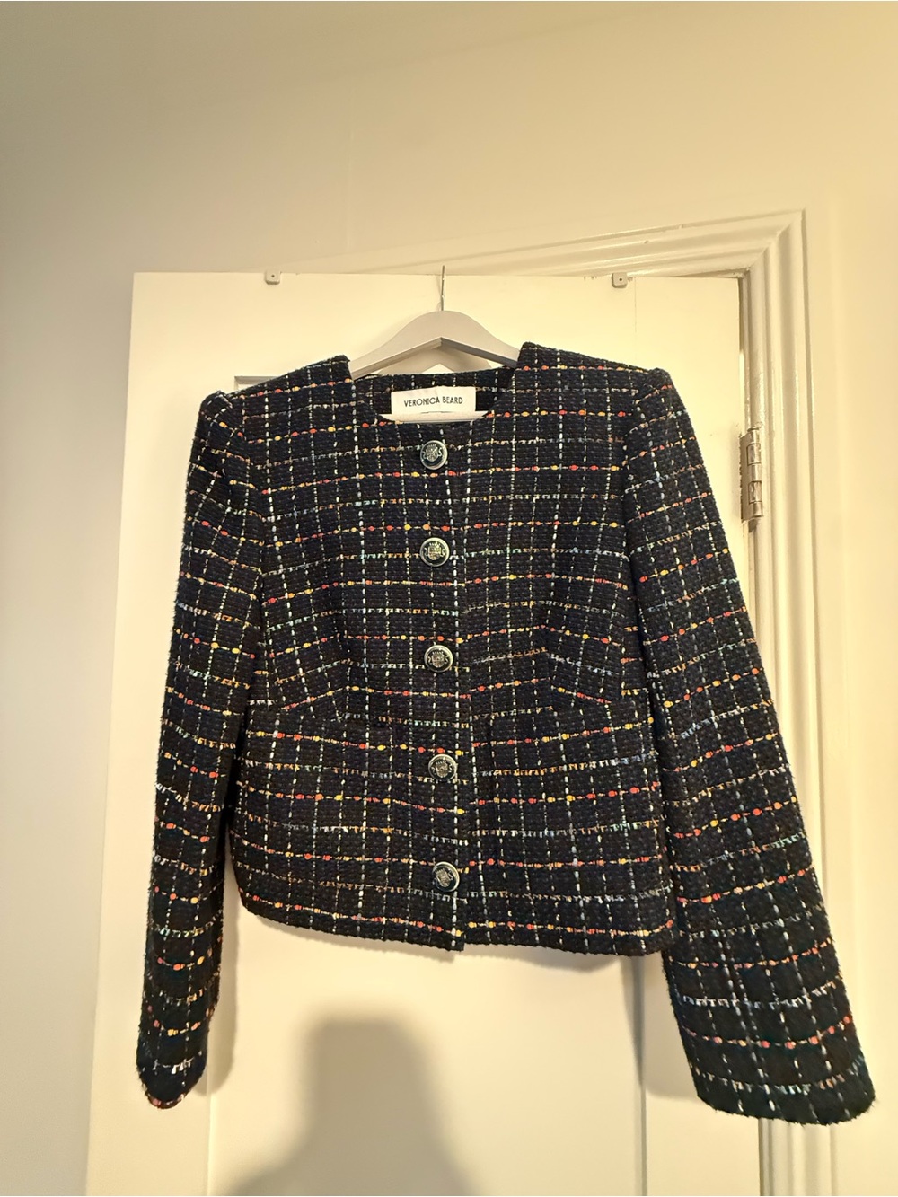 Veronica Beard Navy Tweed Multicolor Thread Boxy Jacket